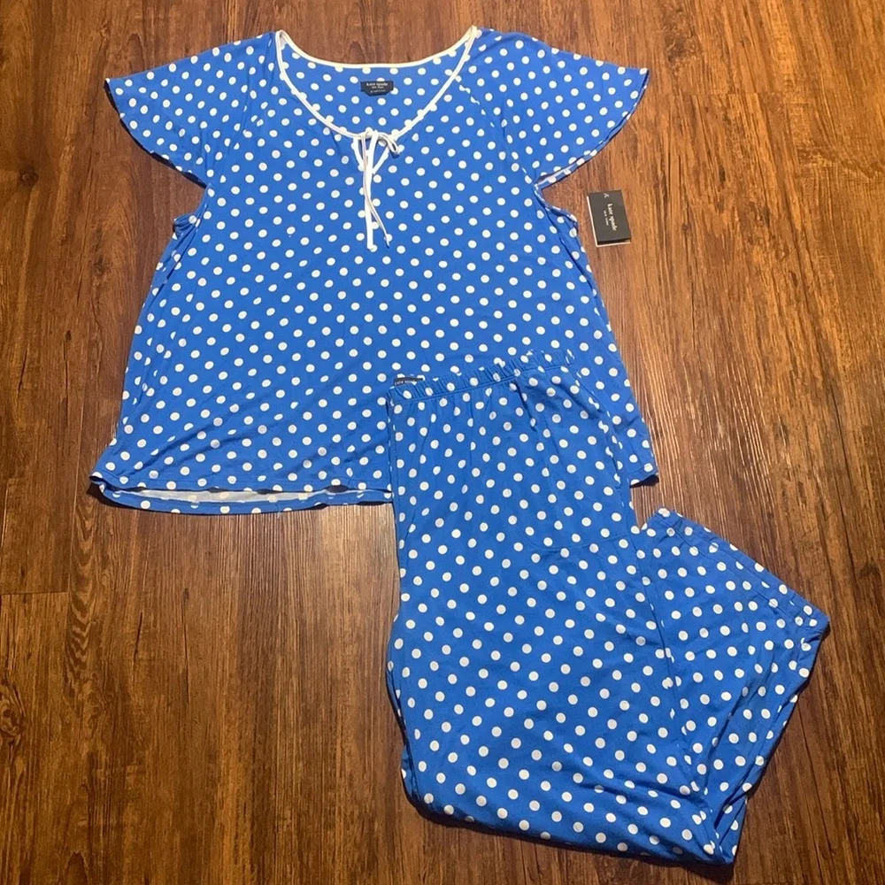 Kate Spade Pajamas 2-Piece Top Pants Set Sz 2X Blue White Polka Dot NWT